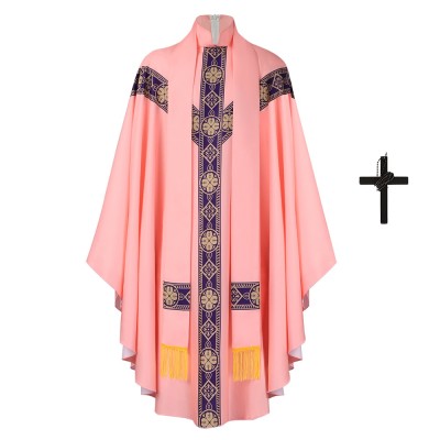Priest Chasuble Cosplay Costume Medieval Clergy Robe With Gold Tassel Stole And Cross In Pink White Green Purple Or Red