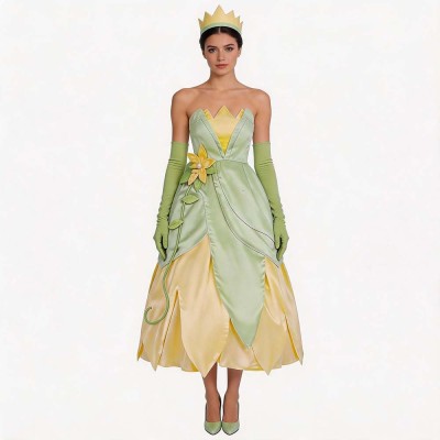 The Princess And The Frog Tiana Cosplay Costume Green Petal Gown Yellow Layered Skirt Gloves Crown For Women