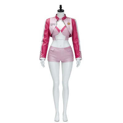 Super Mario Princess Peach Racing Suit Cosplay Costume Pink Moto Jacket Bra Top And Shorts