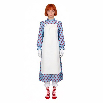 Raggedy Ann Cosplay Costume Blue Polka Dot Dress With White Apron And Striped Socks