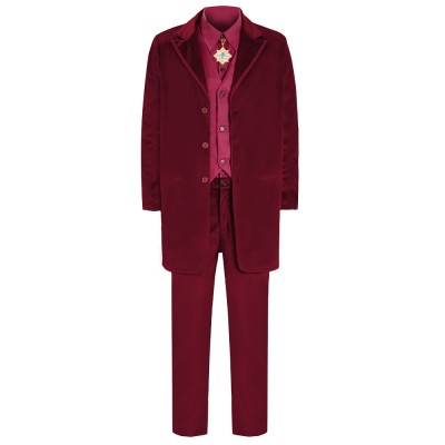 Renfield 2023 Dracula Cosplay Costume Burgundy Velvet Suit Coat, Vest, Shirt, Trousers And Star Brooch