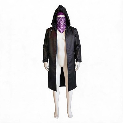 Resident Evil 4 Merchant Cosplay Costume Black Hooded Long Coat With Purple Face Mask