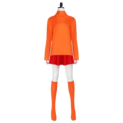 Scooby-Doo Velma Dinkley Cosplay Costume Orange Turtleneck Sweater Red Pleated Skirt Knee Socks Glasses And Magnifier For Women
