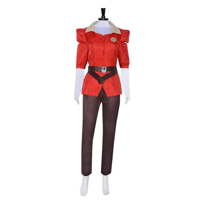 She-Ra Adora Cosplay Costume Red Puff-Sleeve Jacket With Brown Trousers, Belt And White Undershirt