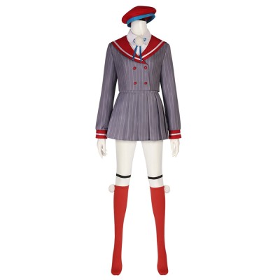 Shigure Ui Cosplay Costume VTuber Grey Pinstripe Sailor Uniform With Red Beret And Stockings