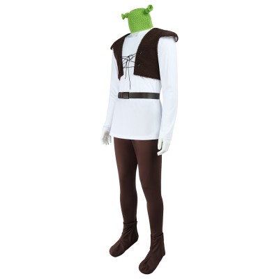 Shrek Cosplay Costume Brown Fleece Lace Up Vest White Shirt Belt Trousers Green Ogre Ears Hat Shoe Covers Men