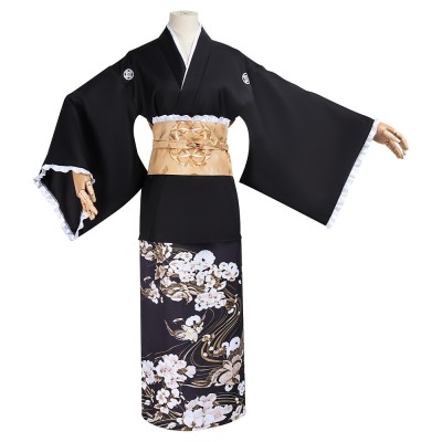 Silent Hill f Hinako Shimizu Cosplay Costume Black Floral Kimono With Obi, Hair Ornament And Optional Mask