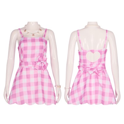 Barbie Movie Pink Gingham Dress Cosplay Costume with Accessories