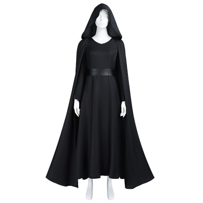 Star Wars The Rise Of Skywalker Dark Rey Cosplay Costume Black Hooded Cloak, Long Black Dress And Belt For Women