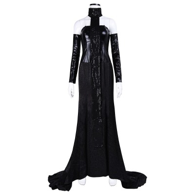 Star Wars Padme Amidala Cosplay Costume Black Faux Leather Corset Mermaid Gown With Sequin High Collar And Arm Sleeves For Women