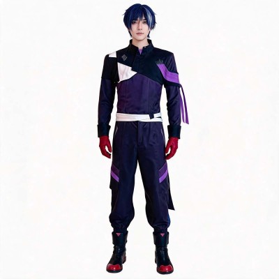 Sword Art Online Kirito Cosplay Costume Purple Asymmetric Jacket, Jogger Pants, White Sash And Red Gloves