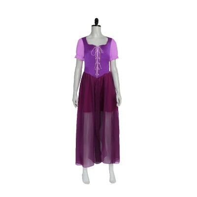 Tangled Rapunzel Cosplay Costume Deep Purple Lace-Up Dress With Sheer Layered Skirt And Flower Wreath
