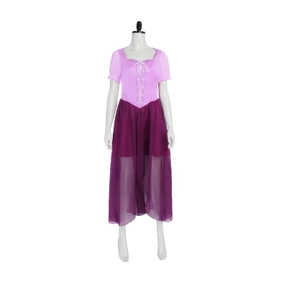 Tangled Rapunzel Cosplay Costume Light Pink Lace-Up Dress With Plum Sheer Skirt And Flower Wreath For Women And Kids