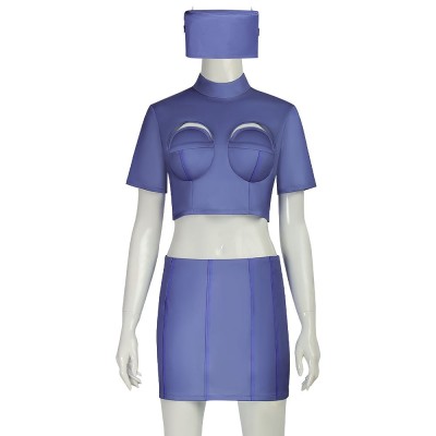 The Fifth Element Flight Attendant Cosplay Costume Blue Crop Top Skirt And Hat
