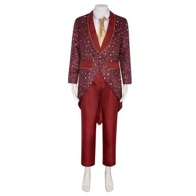 The Mask Stanley Ipkiss Cosplay Costume Red Snake-Print Tailcoat Suit With White Shirt, Yellow Tie And Suspenders