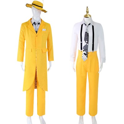 The Mask Stanley Ipkiss Cosplay Costume Yellow Zoot Suit Long Jacket Trousers Shirt Tie Suspenders And Hat For Men