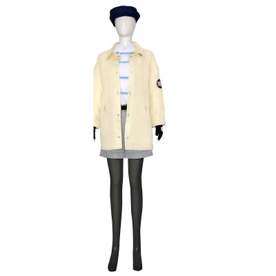 Trigun Stampede Meryl Stryfe Cosplay Costume Cream Jacket, Striped Shirt, Grey Shorts And Navy Cap