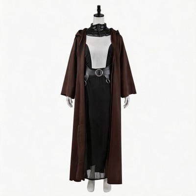 Star Wars Asajj Ventress Cosplay Costume Brown Hooded Jedi Robe With White And Black Tunic, Wide Pants, Belt And Bracers