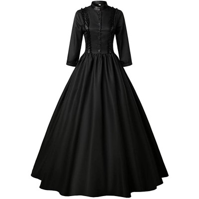 Victorian Gothic Gown Halloween Costume Stand Collar Button Front Bodice Lace Trim Long Sleeve Full Skirt Dress For Women