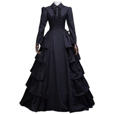 Victorian Gothic Black Tiered Ruffle Gown Long Sleeve Halloween Costume For Women