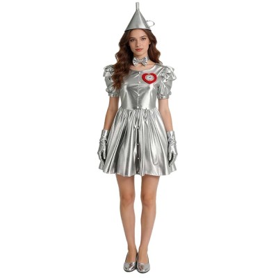 The Wizard of Oz Tin Man Women's Costume Silver Metallic Dress With Funnel Hat, Gloves And Bow Neckpiece
