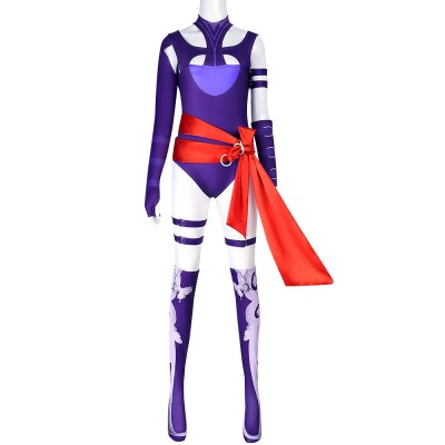 X-Men Psylocke Cosplay Costume Purple Cutout Jumpsuit With Red Sash And Butterfly Print Leggings