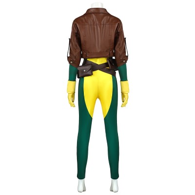 X-Men Rogue Cosplay Costume Yellow Green Bodysuit With Brown Cropped Jacket And Belts