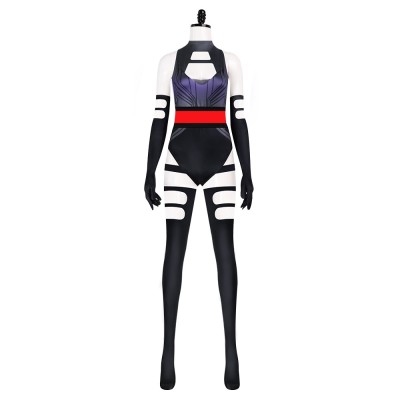 X-Men Apocalypse Psylocke Cosplay Costume Black And Purple Bodysuit With Red Belt, Long Gloves And Stockings