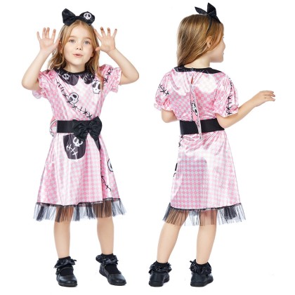 Halloween Skeleton Printed Children's Pink Checkered Barbie Doll Cosplay Dress