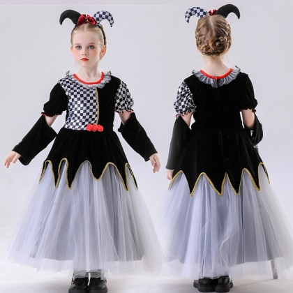Children's Halloween Poker Queen Black and White Plaid Princess Dress