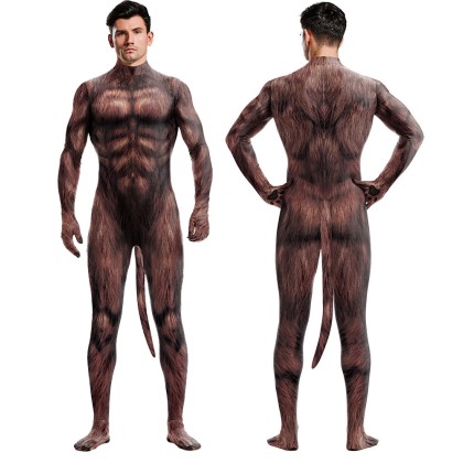 Brown Bear Muscle Lines Printed Jumpsuit with Tail For Halloween Adults Costumes