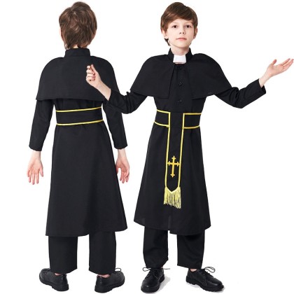 Halloween Children's Black Robed Priest Cosplay Costume