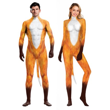 Animal Fox Jumpsuit with Tail For Halloween Couples Costumes