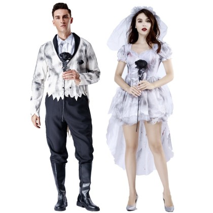 Hallween Creepy Cemetery Ghost Bride & Groom Couple Matching Cosplay Costume