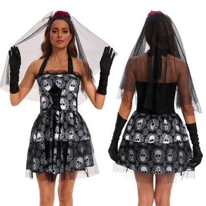 Halloween Adults Halter Print Skull Dress Party Cosplay Costume