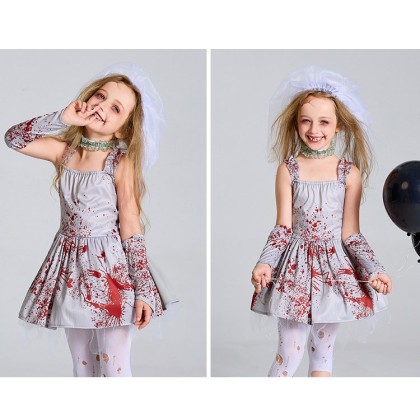Children's Halloween Costume Grey Blood Ghost Bride Cosplay Puffy Dress