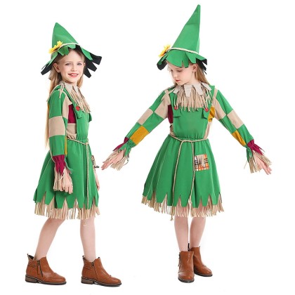 Green Scarecrow Cosplay Dress Halloween Stage Costume For Kids