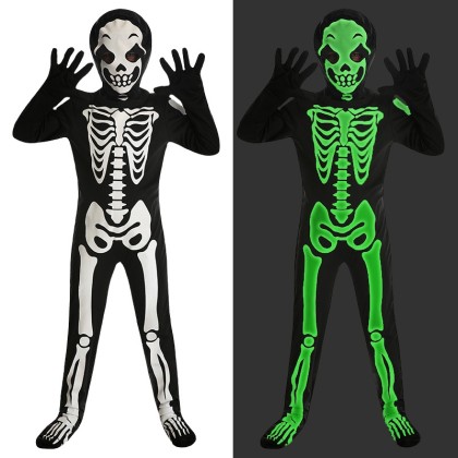 Kids White Skull Ghost Bone Onesie Glow-in-The-Dark Halloween Party Cosplay Costume