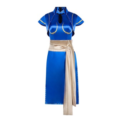 Street Fighter Movie Chun-Li Blue Satin Qipao Cosplay Costume