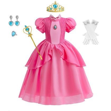 Super Mario Bros Peach Princess Dress Halloween Children's Stage Cosplay Costume