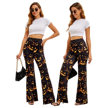 Halloween Flares Pumpkin Bat Printed  Pants Cosplay Costume