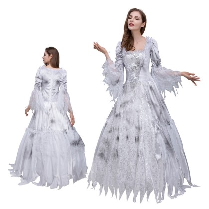 Retro Square-neck Tulle Long Dress Halloween Ghost Bride Cosplay Costume