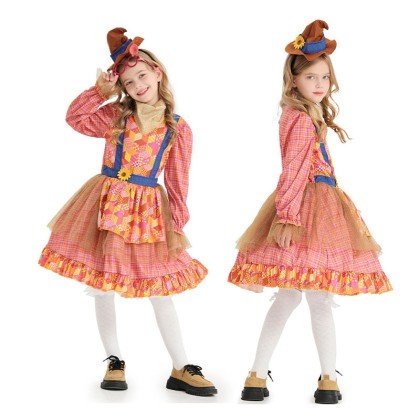 Children's Halloween Scarecrow Pink Plaid Dress