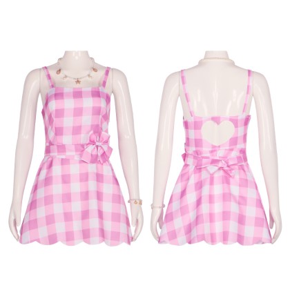 Barbie Movie Pink Gingham Dress Cosplay Costume with Accessories