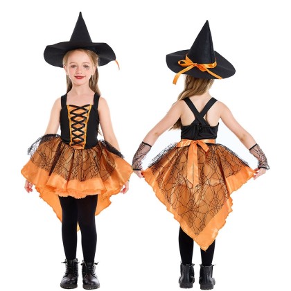 Children's Orange Witch Pumpkin Slip Dress Halloween Costume