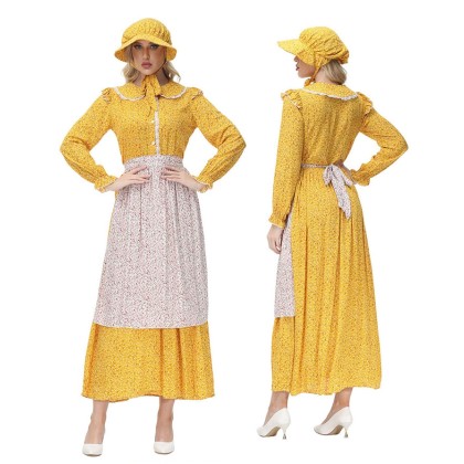 Halloween Prairie Colonial Yellow Floral Dress Adults Cosplay Costume