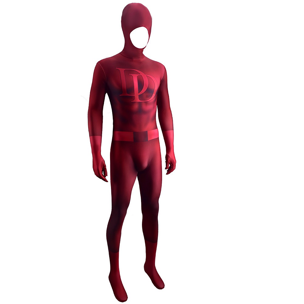 Daredevil Matt Murdock dark red cosplay jumpsuit with double-D chest logo, front view