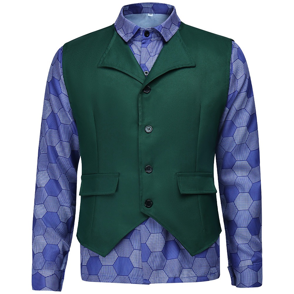 Dark Knight Joker cosplay costume shirt and vest front view with green waistcoat and hexagon print shirt
