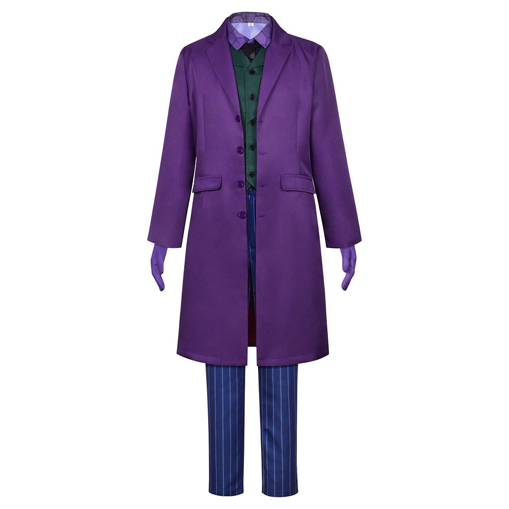 Dark Knight Joker costume purple coat and green hexagon shirt vest front view