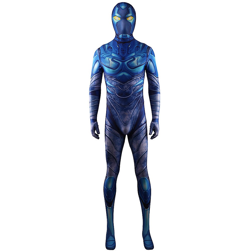 DC Blue Beetle printed jumpsuit with metallic blue armor artwork and yellow eyes on the attached hood
